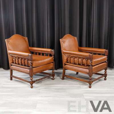 Pair of Edwardian Oak Armchairs with Leather Upholstery