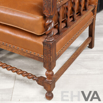 Pair of Edwardian Oak Armchairs with Leather Upholstery