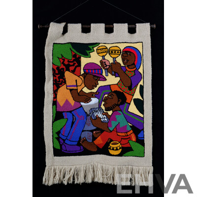 Jostin Zure (20th Century, Zimbabwean), Making Music, Handmade Wall Tapestry by Zuva, Cotton, Rubber Latex Glue and Acrylic Wool, 93 x 74 cm (image)