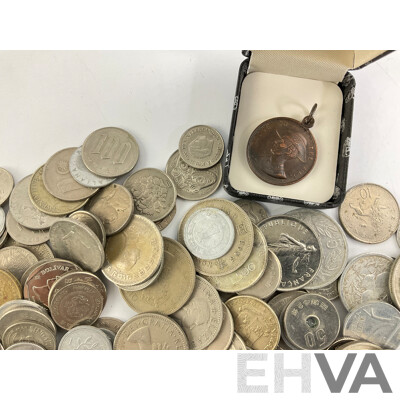 Collection of Vintage International Coins Including Kenya, USA, Singapore, Thailand, Australia, New Zealand,  UK 1980 UNC Twenty Five Pence Coin Dispenser and More - Approximately 2.3 Kilograms