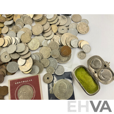 Collection of Vintage International Coins Including Kenya, USA, Singapore, Thailand, Australia, New Zealand,  UK 1980 UNC Twenty Five Pence Coin Dispenser and More - Approximately 2.3 Kilograms