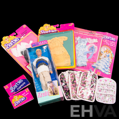 Collection Barbie and Other Clothes Including Three Carded Examples, Genuine Barbie Wardrobe Accessories, Barbie Fashion Favourites, Kevin Clone Doll in Original Box