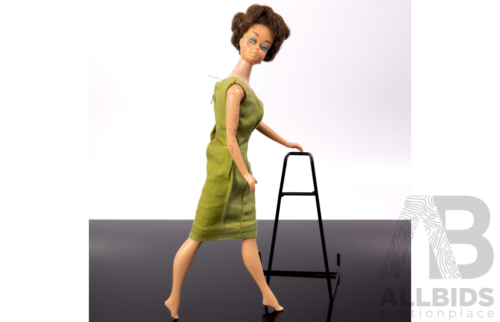 Original Vintage Early 1960s Brunette Bubble Cut Barbie Doll with Full Mattel Stamp, Wearing Vintage Barbie Poodle Parade Dress