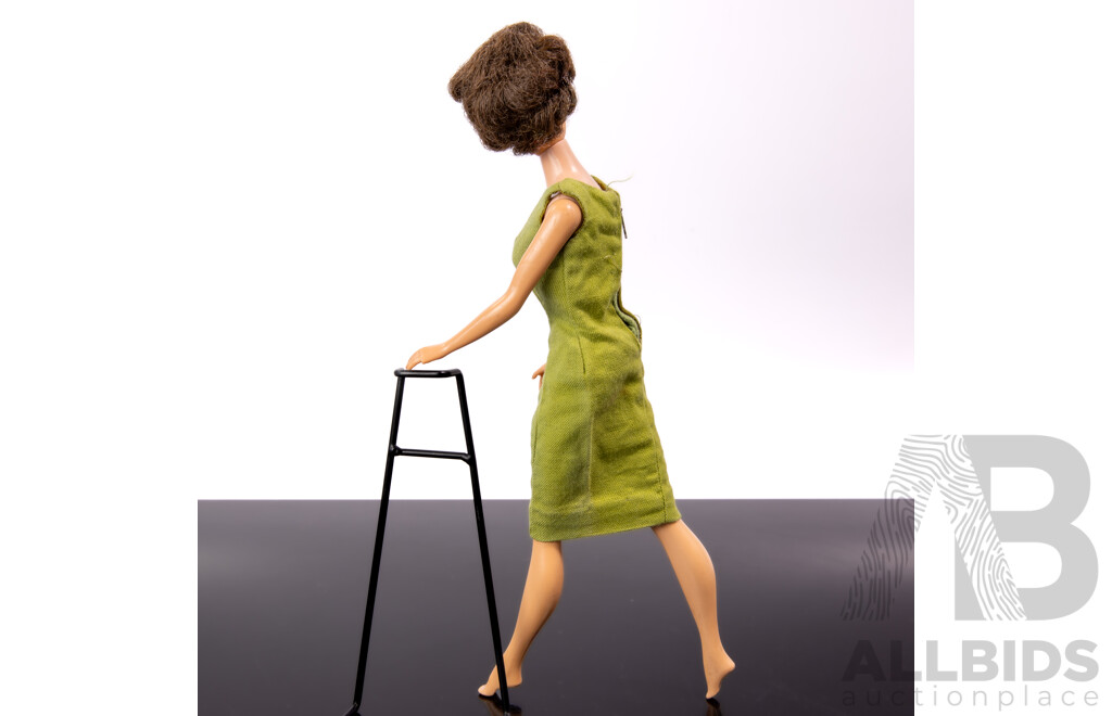Original Vintage Early 1960s Brunette Bubble Cut Barbie Doll with Full Mattel Stamp, Wearing Vintage Barbie Poodle Parade Dress
