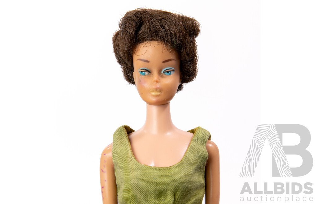 Original Vintage Early 1960s Brunette Bubble Cut Barbie Doll with Full Mattel Stamp, Wearing Vintage Barbie Poodle Parade Dress