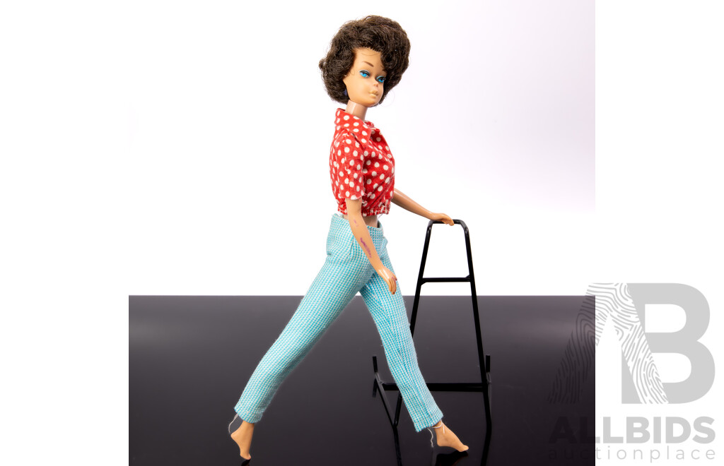 Original Vintage Early 1960s Brunette Side Cut Barbie Doll with Full Mattel Stamp & Japan Stamped to Foot, Wearing Vintage Barbie Outfit