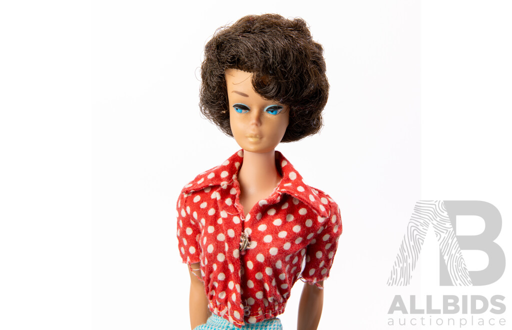 Original Vintage Early 1960s Brunette Side Cut Barbie Doll with Full Mattel Stamp & Japan Stamped to Foot, Wearing Vintage Barbie Outfit