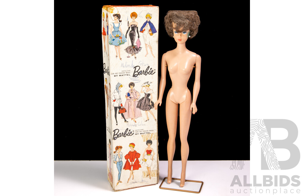 Original Vintage 1962 Brunette Bubble Cut Barbie in Original Box with Display Pedestal