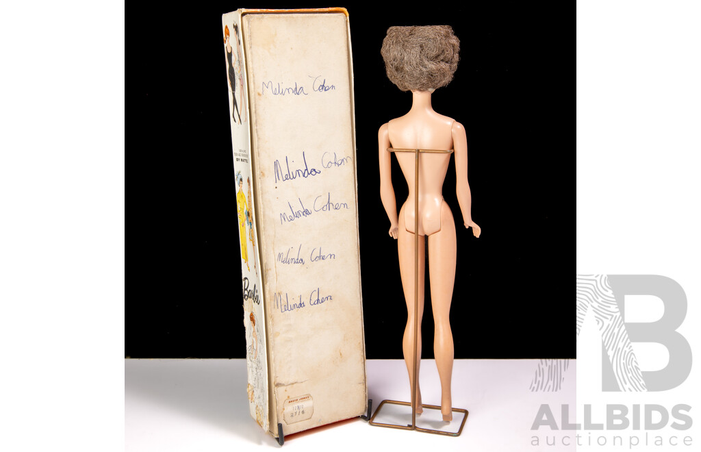 Original Vintage 1962 Brunette Bubble Cut Barbie in Original Box with Display Pedestal