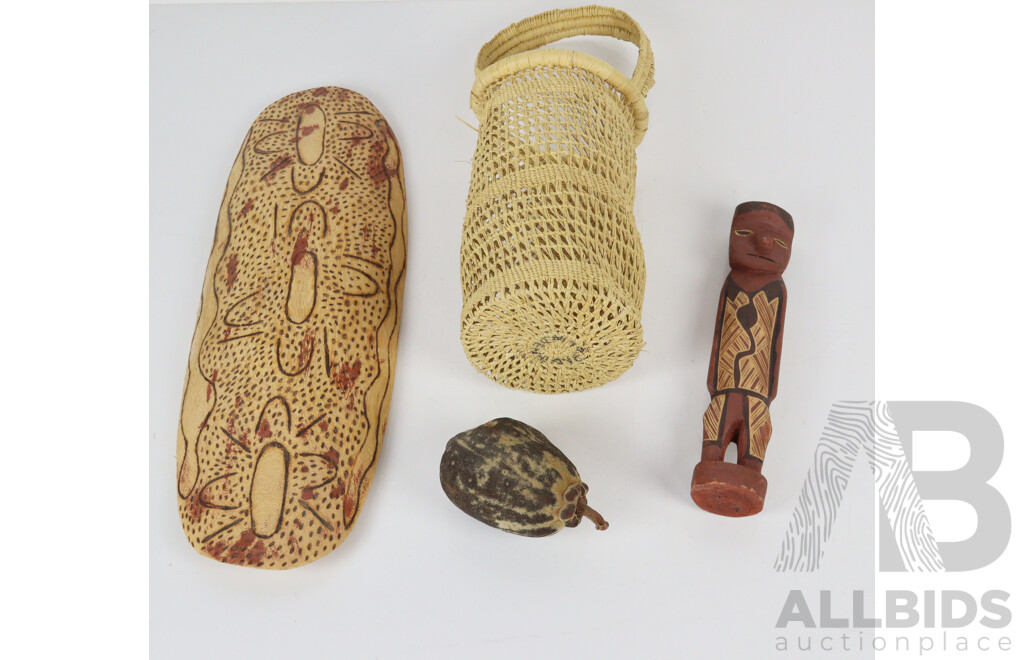 Collection Four Vintage Australian Indigenous Aboriginal Pieces Comprising Tiwi Island Wooden Figure, Wooden Painted Coolamon, Basket and Boab Nut