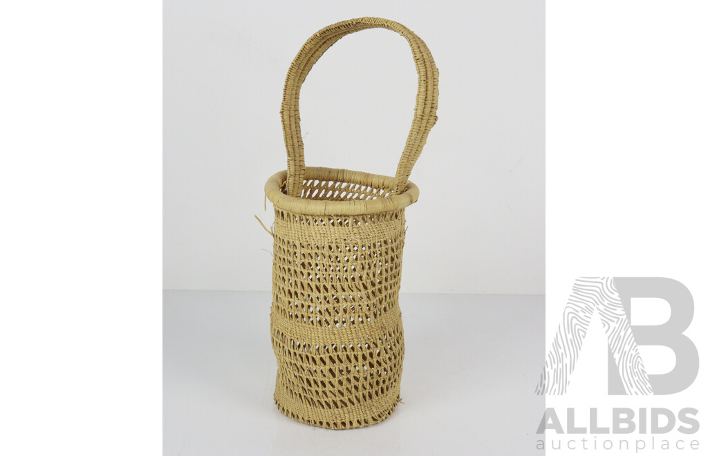 Collection Four Vintage Australian Indigenous Aboriginal Pieces Comprising Tiwi Island Wooden Figure, Wooden Painted Coolamon, Basket and Boab Nut