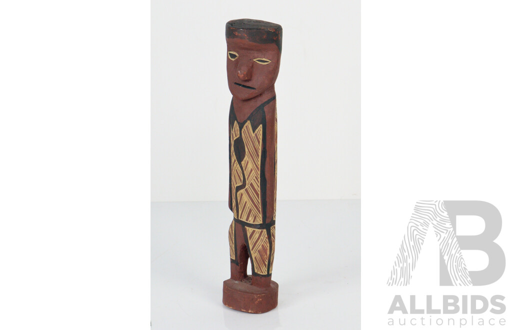 Collection Four Vintage Australian Indigenous Aboriginal Pieces Comprising Tiwi Island Wooden Figure, Wooden Painted Coolamon, Basket and Boab Nut