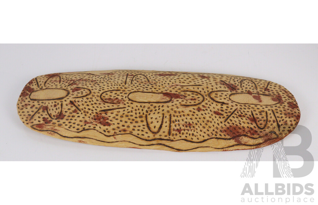 Collection Four Vintage Australian Indigenous Aboriginal Pieces Comprising Tiwi Island Wooden Figure, Wooden Painted Coolamon, Basket and Boab Nut