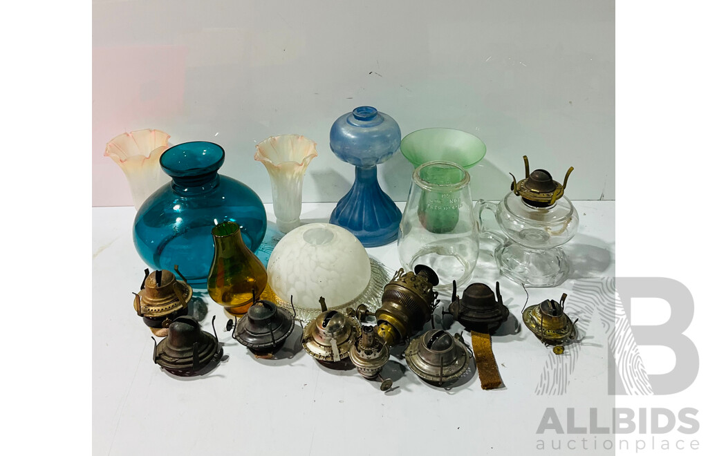 Collection of Vintage Oil Lamp Pieces and Lamp Shades