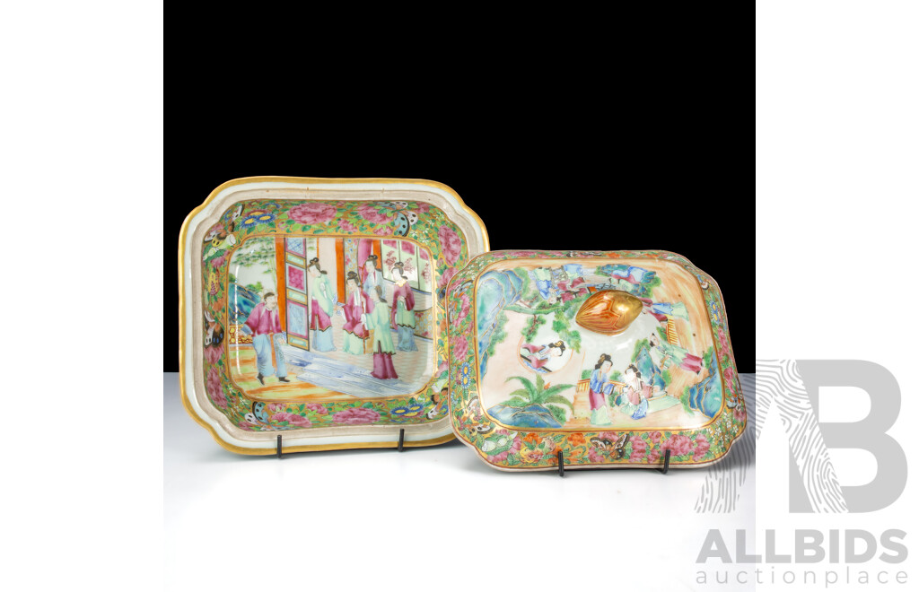 Wonderful Antique Chinese Canton Export Ware Famille Rose Porcelain Hand Painted Lidded Nyonya Dish with Internal Scene with Figures, Butterflies and Flowers, Circa 1830