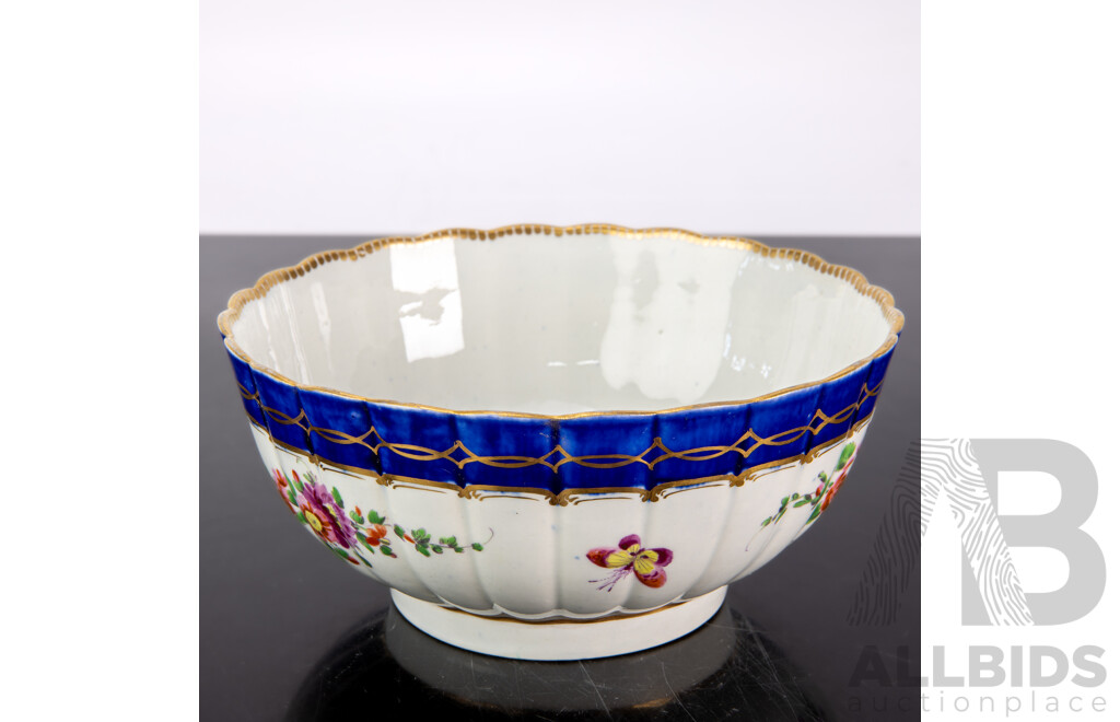 Antique English Worcester Hand Painted Porcelain Scalloped Bowl with Butterfly and Floral Motifs Circa 18th Century
