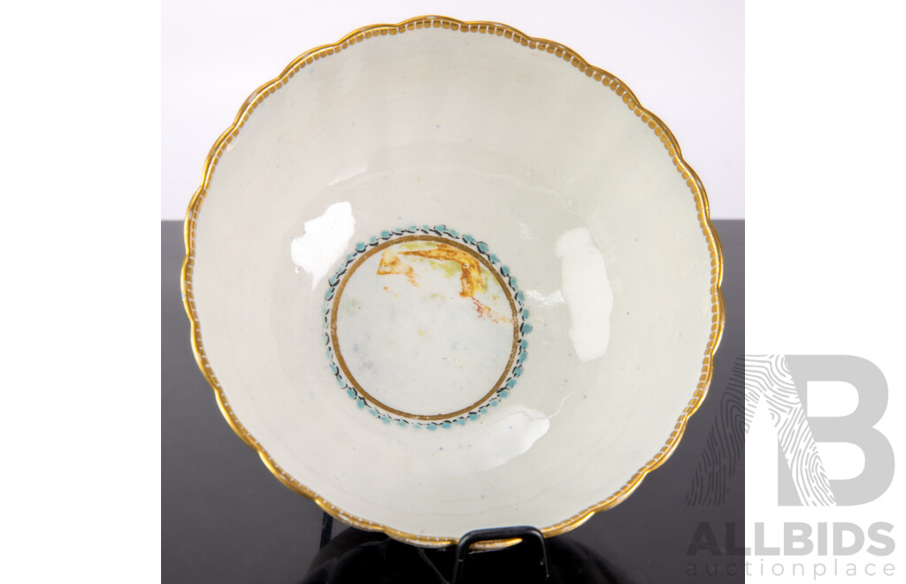 Antique English Worcester Hand Painted Porcelain Scalloped Bowl with Butterfly and Floral Motifs Circa 18th Century