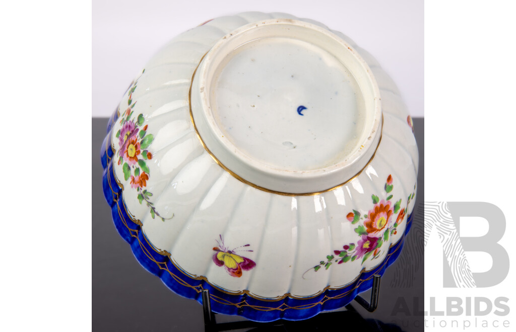 Antique English Worcester Hand Painted Porcelain Scalloped Bowl with Butterfly and Floral Motifs Circa 18th Century