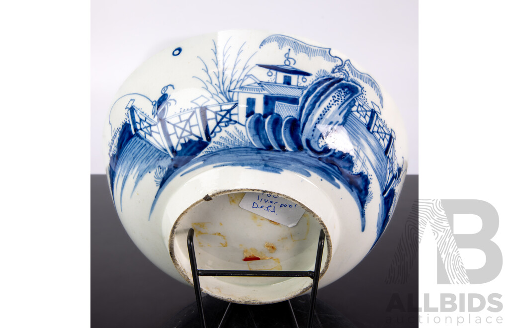Antique English Liverpool Porcelain Bowl with Hand Painted Chinese Blue and White Scene, Circa 1760