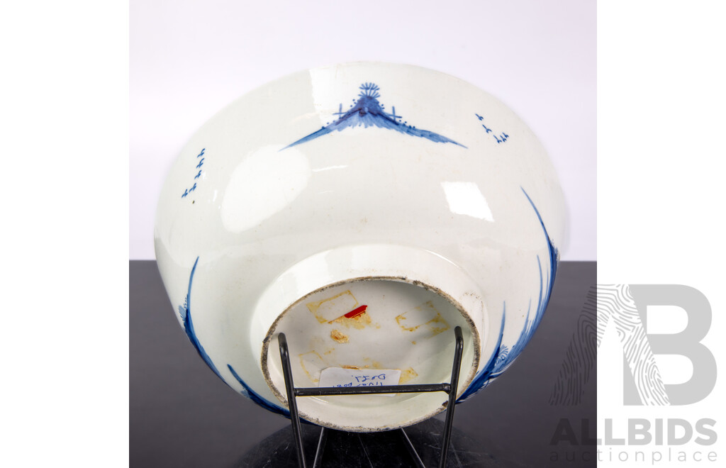 Antique English Liverpool Porcelain Bowl with Hand Painted Chinese Blue and White Scene, Circa 1760