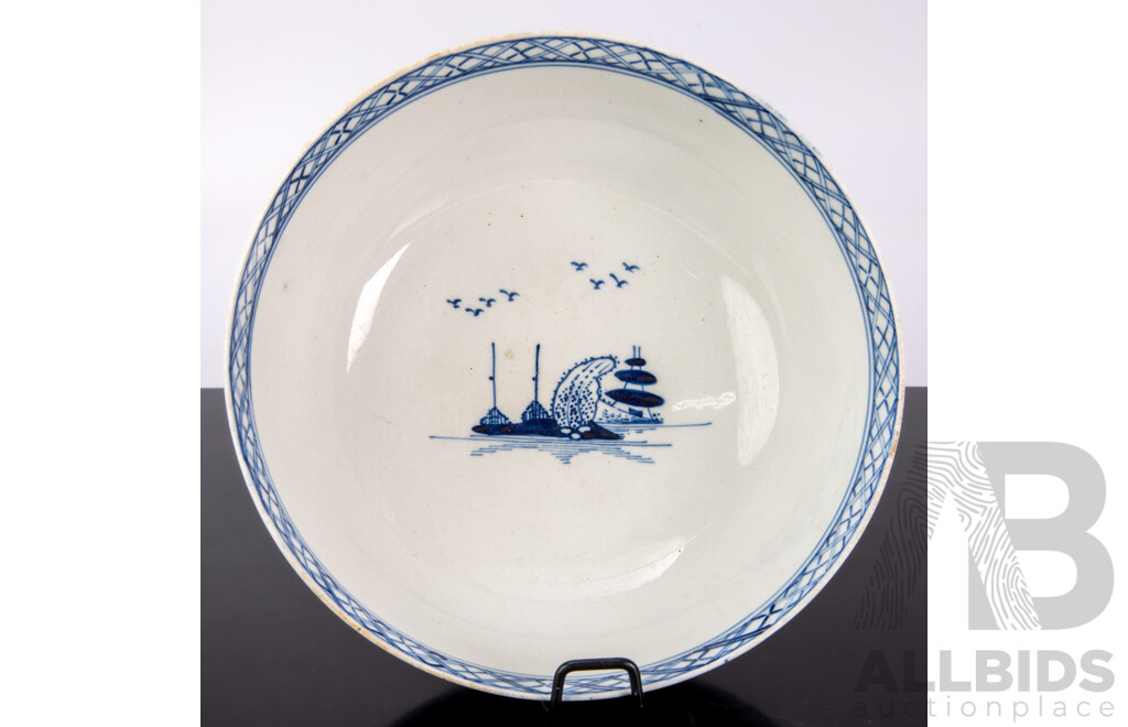 Antique English Liverpool Porcelain Bowl with Hand Painted Chinese Blue and White Scene, Circa 1760