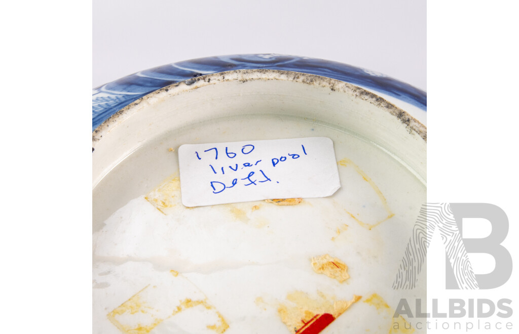 Antique English Liverpool Porcelain Bowl with Hand Painted Chinese Blue and White Scene, Circa 1760