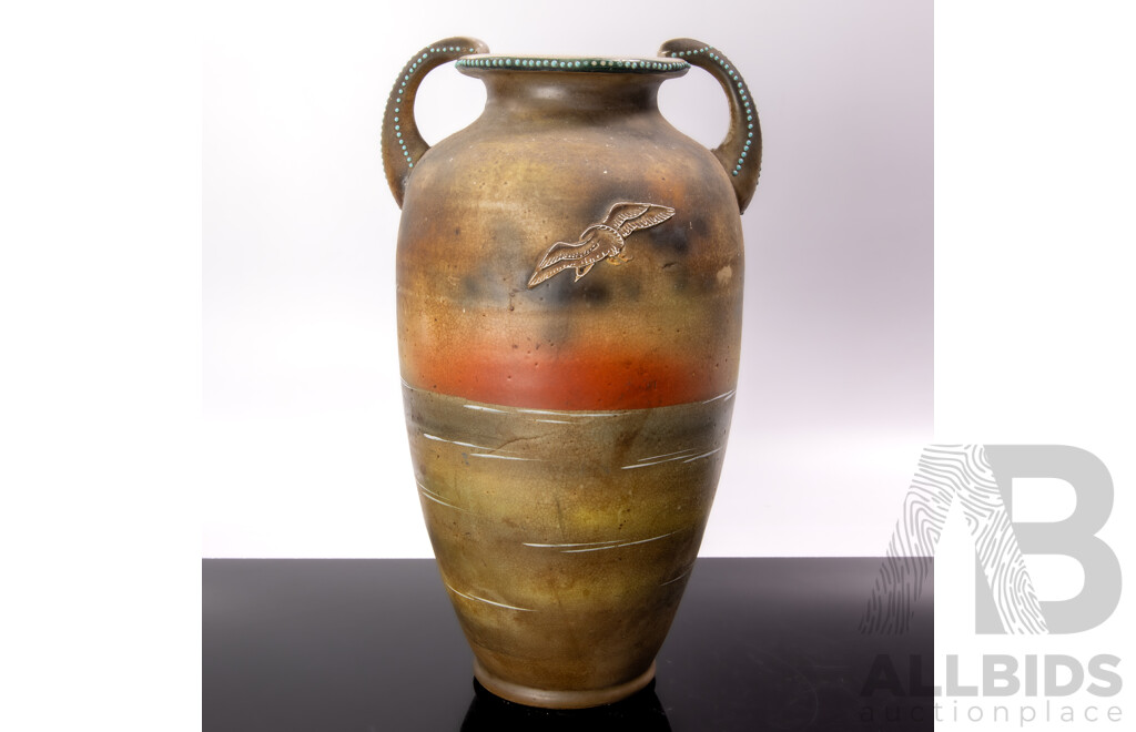 Antique Japanese Porcelain Twin Handled Vase with Raised Dot Detail to Rim & Handles and Moriage Flying Geese Decoration