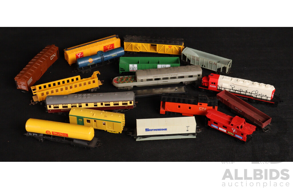 Collection of Vintage Triang and Lima HO/OO Scale Rolling Stock Including Australian National Guards Van, USA Diesel Locomotive and Freight Wagons, UK Passenger