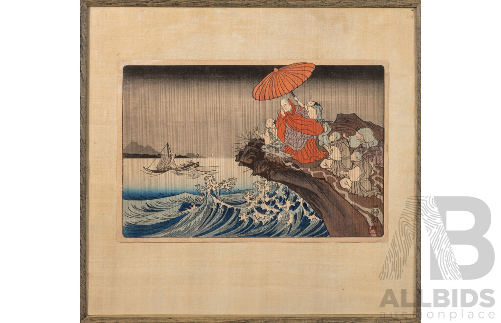 Utagawa Kuniyoshi (Edo Period, Japanese, 1797-1861), Concise Illustrated Biography of Monk Nichiren: Prayer for Rain Answered at Ryozengasaki in Kamakura, Antique Copy of Woodblock Print; Ink & Colour on Paper, 42 x 44 cm (frame)