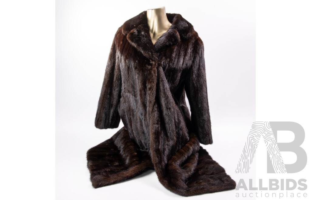 Vintage Soft Dark Brown Mink Three Quarter Length Coat with Embossed Silk Lining by C P Malz, Bochum Germany