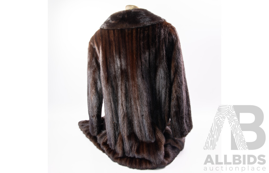 Vintage Soft Dark Brown Mink Three Quarter Length Coat with Embossed Silk Lining by C P Malz, Bochum Germany