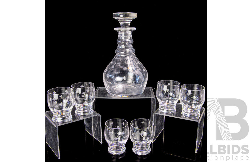 Vintage Stuart Crystal Decanter & Stopper with Six Matching Tumblers in Startime Pattern
