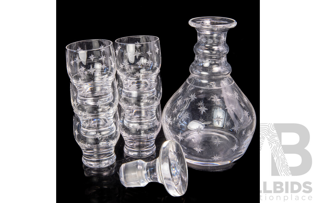 Vintage Stuart Crystal Decanter & Stopper with Six Matching Tumblers in Startime Pattern