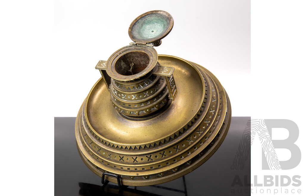 Vintage Indo Persian Heavy Brass Inkwell Set