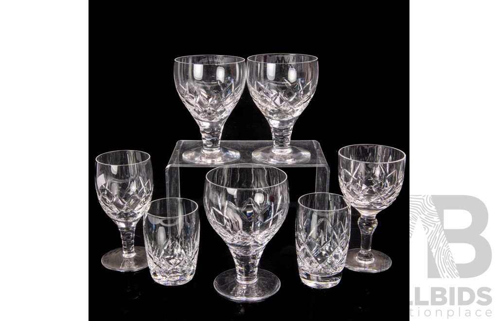 Collection Seven Vintage Stuart Crystal Glasses Including Tumblers and Stemware