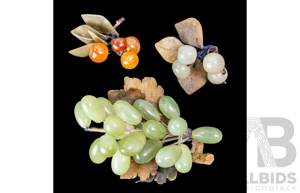 Collection Three Vintage Chinese Bunches Green Hardstone Grapes with Carved Stone Leaves
