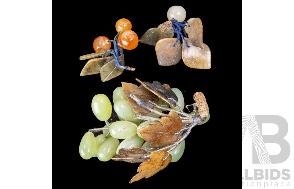 Collection Three Vintage Chinese Bunches Green Hardstone Grapes with Carved Stone Leaves