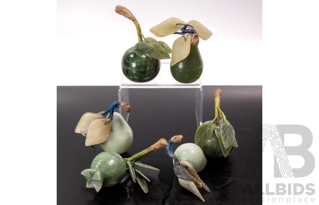 Collection Six Vintage Chinese Green Hardstone Fruit Including Apricot and Pear