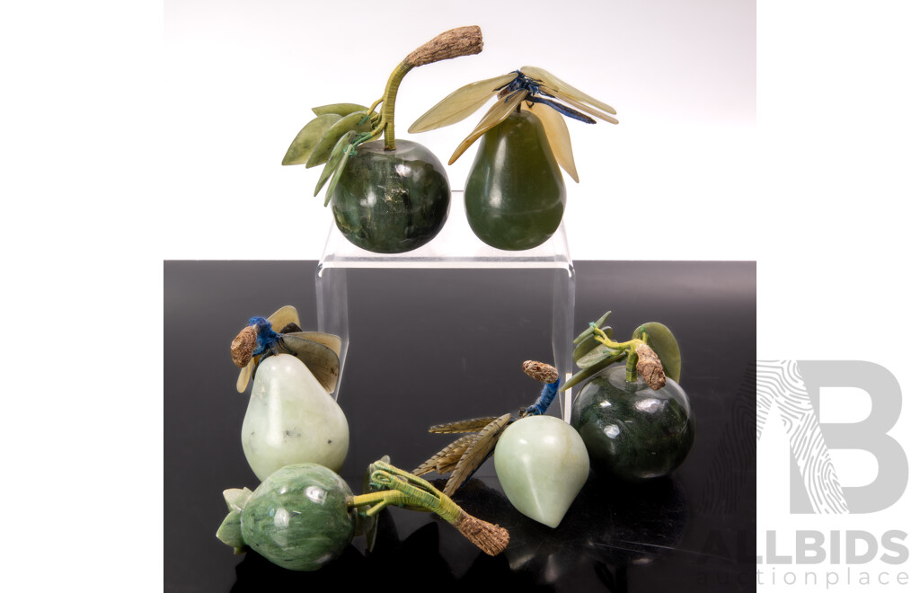 Collection Six Vintage Chinese Green Hardstone Fruit Including Apricot and Pear
