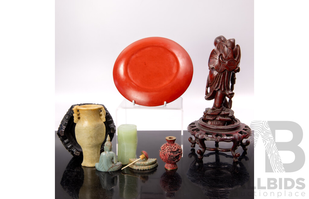 Collection Vintage Chinese Items Including Cinnabar Plate, Soft Stone Vase, Serpentine Vase, Carved Wooden Figure, Composite Snuff Bottle and More