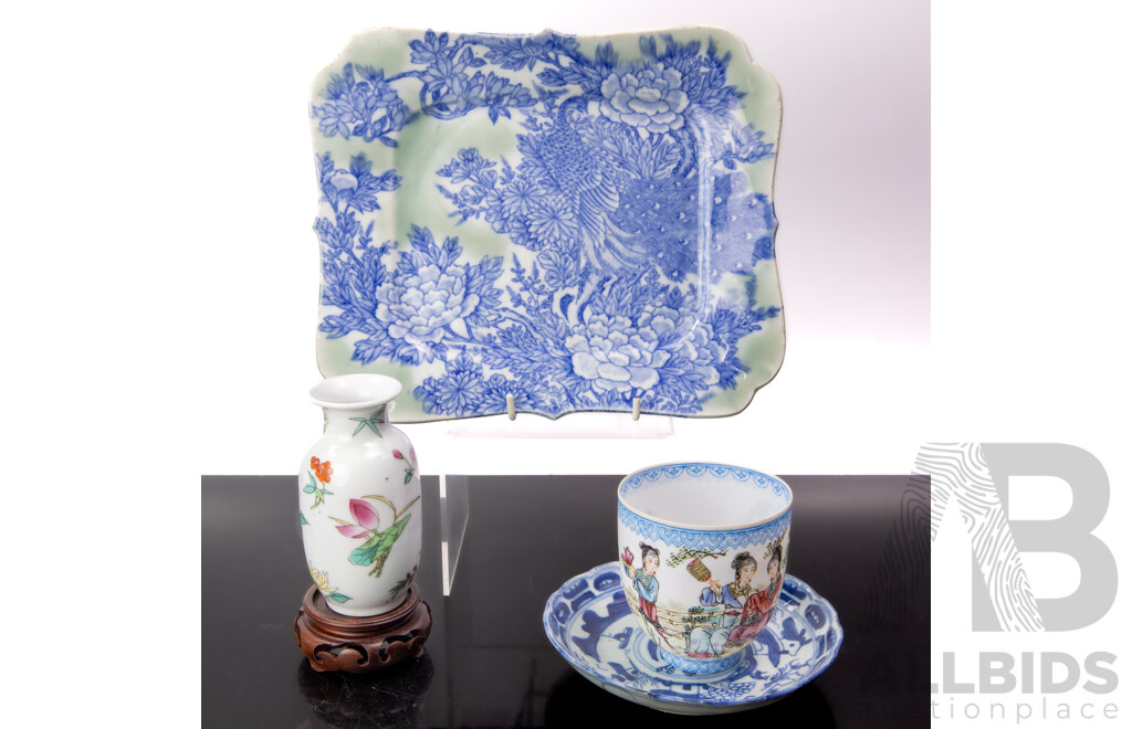 Collection Antique & Vintage Asian Porcelain Items Including Antique Sometsuke Plate, Chinese Vase with Carved Wooden Stand, Egg Shell Porcelain Cup and More