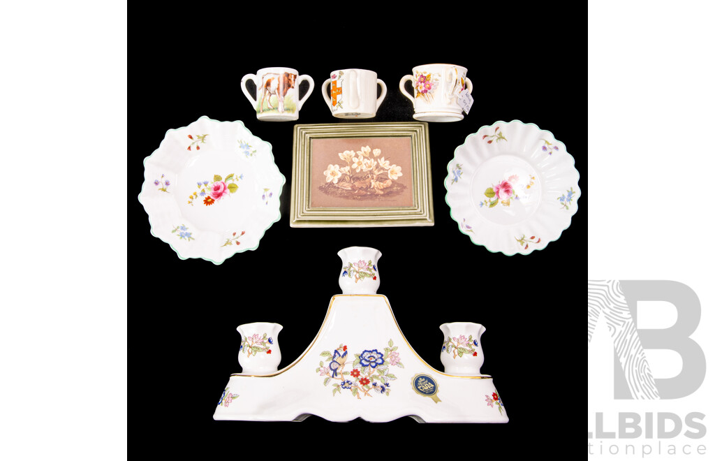 Collection Porcelain Including Two Shelly Dishes, Royal Tara Irish Porcelain Three Cup Candle Holder, Antique Royal Worcester Miniature Loving Cup, Circa 1926 and More