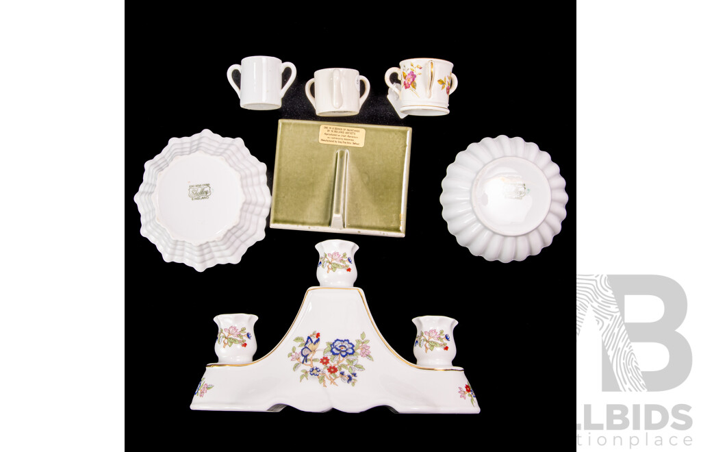 Collection Porcelain Including Two Shelly Dishes, Royal Tara Irish Porcelain Three Cup Candle Holder, Antique Royal Worcester Miniature Loving Cup, Circa 1926 and More