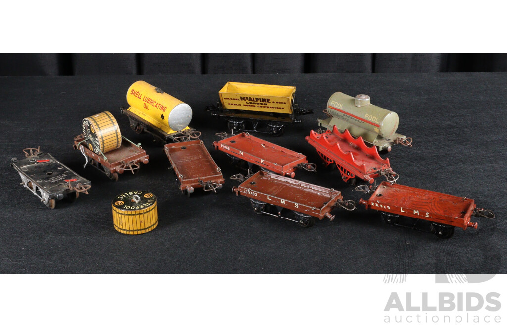 Collection of Vintage Hornby O Gauge Freight Rolling Stock Including Cable Flat Wagons and Oil Tankers