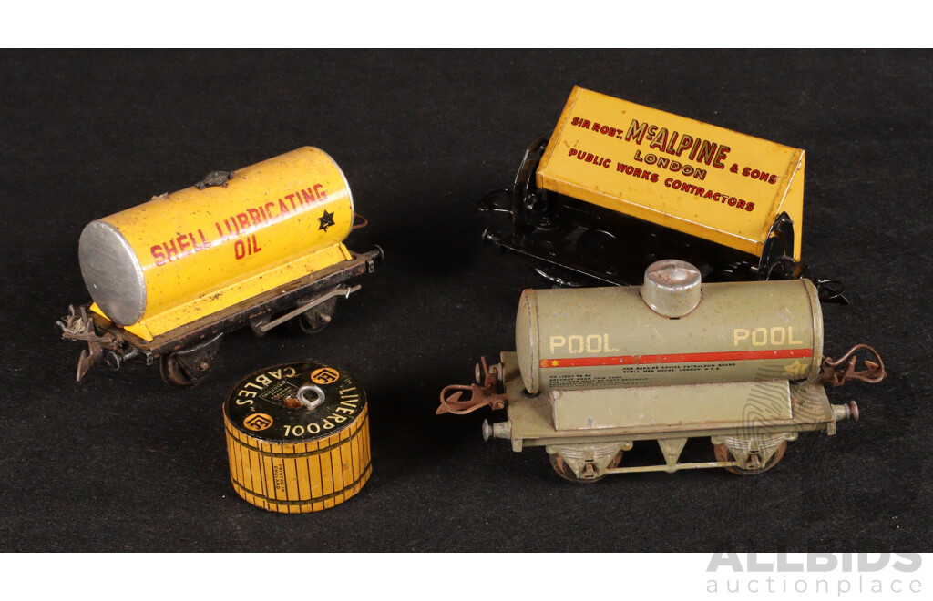 Collection of Vintage Hornby O Gauge Freight Rolling Stock Including Cable Flat Wagons and Oil Tankers