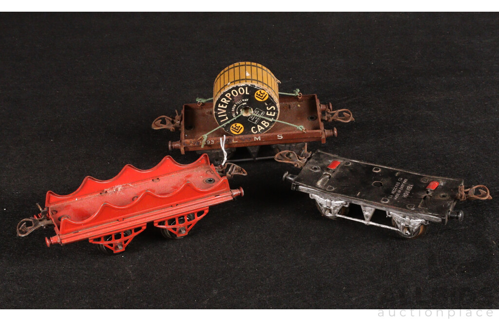 Collection of Vintage Hornby O Gauge Freight Rolling Stock Including Cable Flat Wagons and Oil Tankers