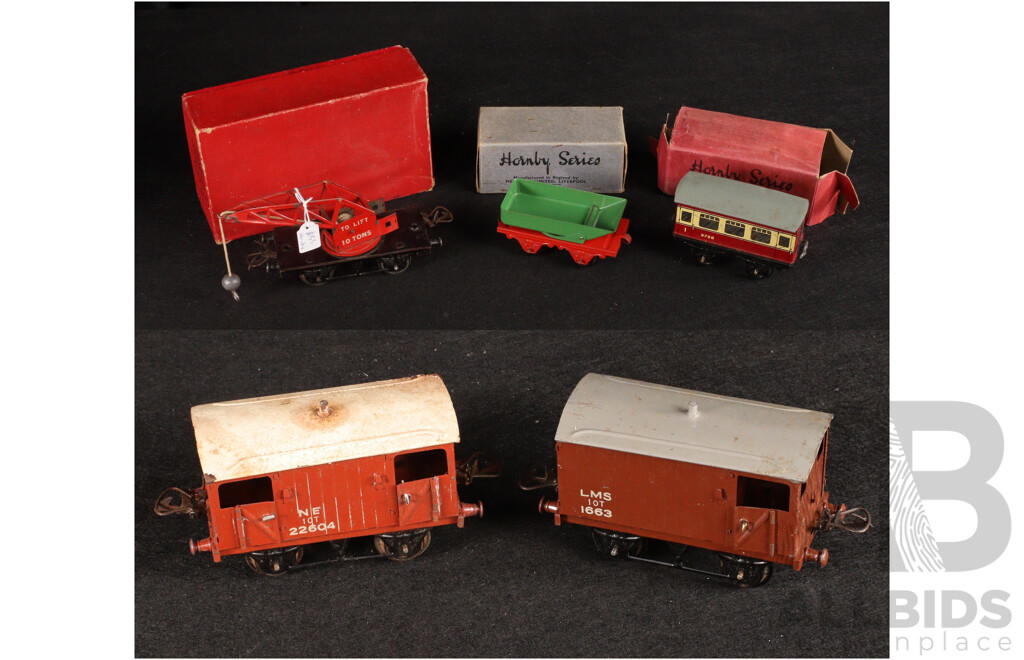 Five Vintage Hornby O Gauge Wagons/Carriages Including Two Goods Brake Vans, Ten Ton Crane Truck, Passenger 9798, MO Rotary Tipping Wagon