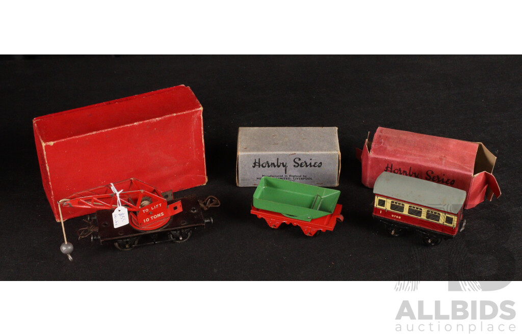 Five Vintage Hornby O Gauge Wagons/Carriages Including Two Goods Brake Vans, Ten Ton Crane Truck, Passenger 9798, MO Rotary Tipping Wagon