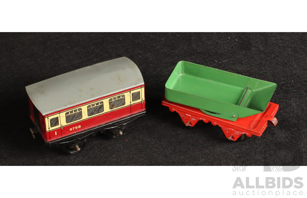 Five Vintage Hornby O Gauge Wagons/Carriages Including Two Goods Brake Vans, Ten Ton Crane Truck, Passenger 9798, MO Rotary Tipping Wagon