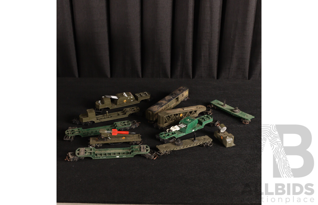 Vintage Tri-Ang OO Scale Army/NATO Rolling Stock Including Rocket Launchers, Flat Cars and Command Car